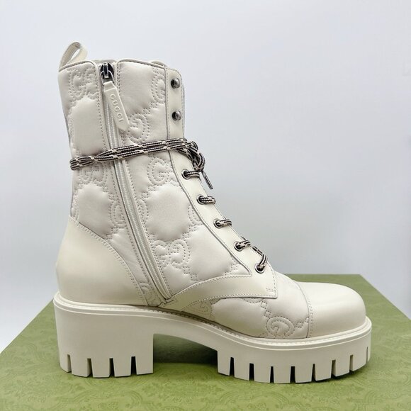 Gucci Marmont GG Interlock Embossed Lace Up Boots White Leather Platform EU 40.5 - Picture 8 of 13